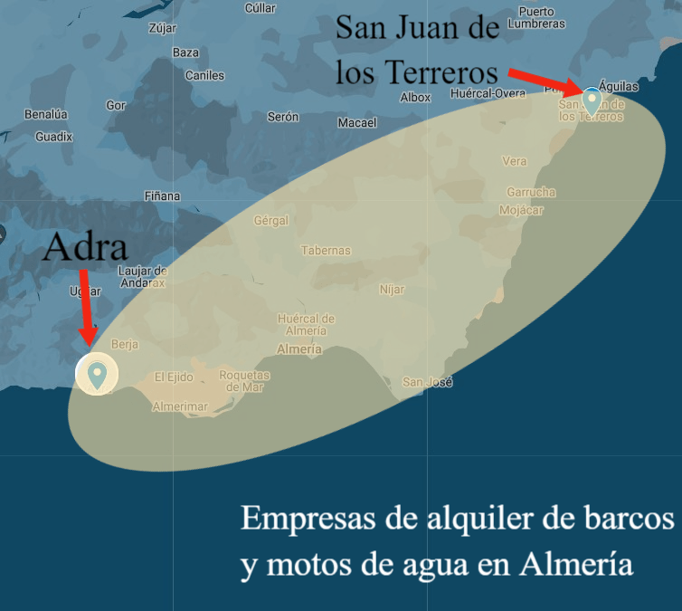 Mapa del área que cubre la costa de Almería donde poder navegar y alquilar barcos